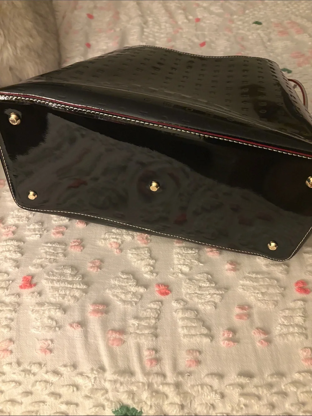 Patent Leather Shoulder Hobo Bag in Black with Red Trim